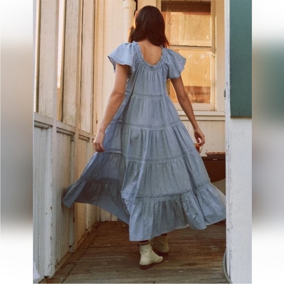 The GREAT. Nightingale Midi Dress in Light Chambray Blue Small - Picture 3 of 11